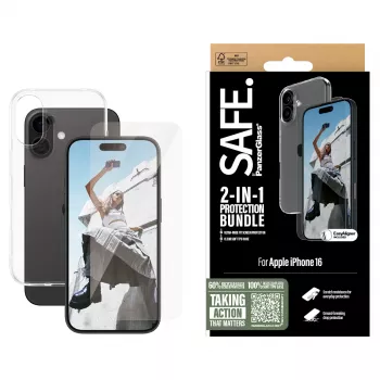 PanzerGlass SAFE. by ® 2-in-1 ochranné balenie iPhone 16, Apple, Apple - iPhone 16, suchá aplikácia, odolnosť proti poškriabaniu, odolnosť proti nárazu, priehľadná, 1 ks