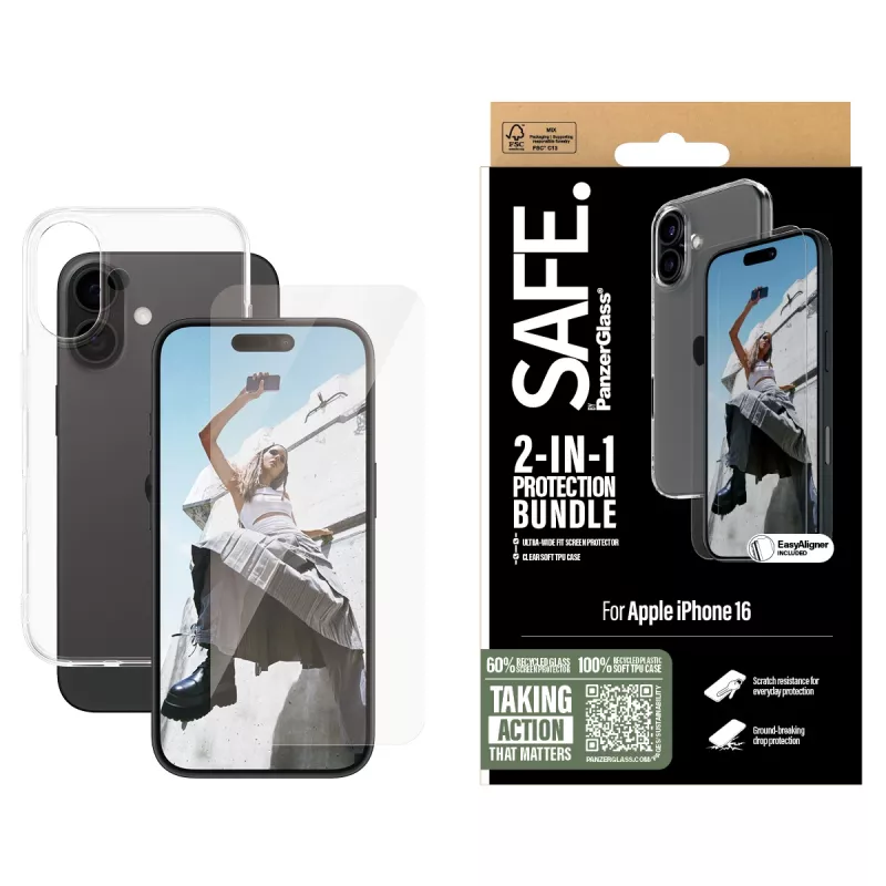 PanzerGlass SAFE. by ® 2-in-1 ochranné balenie iPhone 16, Apple, Apple - iPhone 16, suchá aplikácia, odolnosť proti poškriabaniu, odolnosť proti nárazu, priehľadná, 1 ks