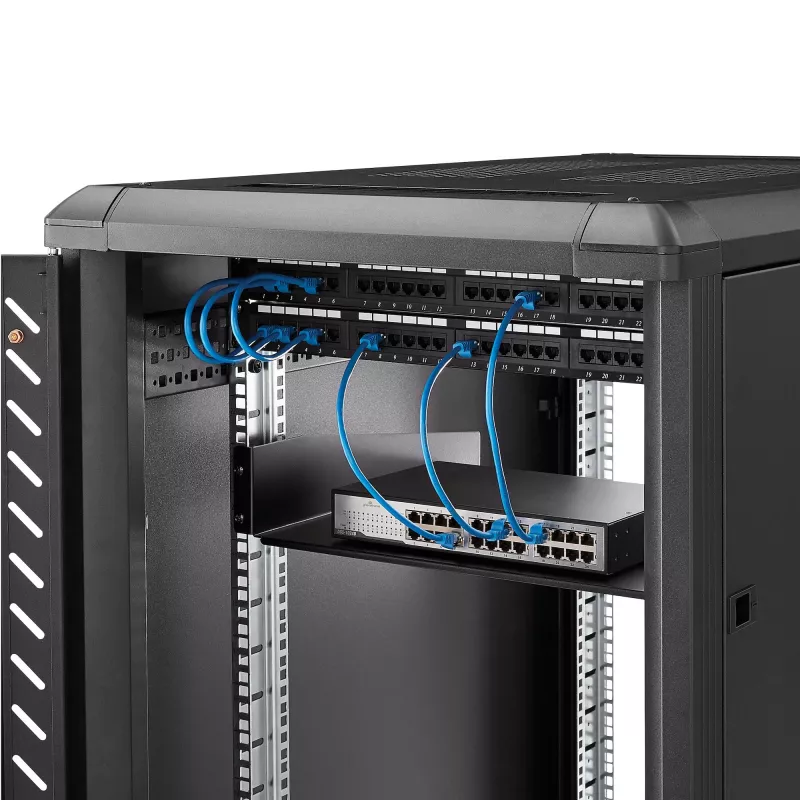 StarTech.com 2HE serverový rackový policový podnos – univerzálny montážny konzolový podnos pre 19-palcový sieťový rack a skriňu – vysokopevnostná oceľ – nosnosť 20 kg – 400 mm hlboký podnos, čierna