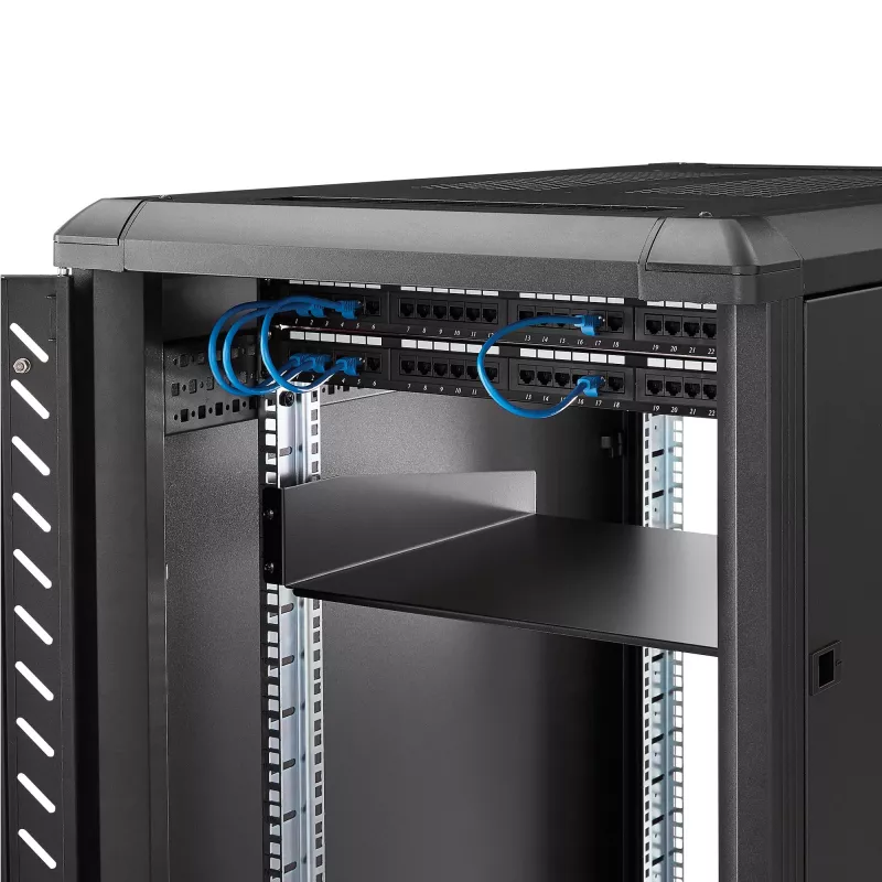 StarTech.com 2HE serverový rackový policový podnos – univerzálny montážny konzolový podnos pre 19-palcový sieťový rack a skriňu – vysokopevnostná oceľ – nosnosť 20 kg – 400 mm hlboký podnos, čierna
