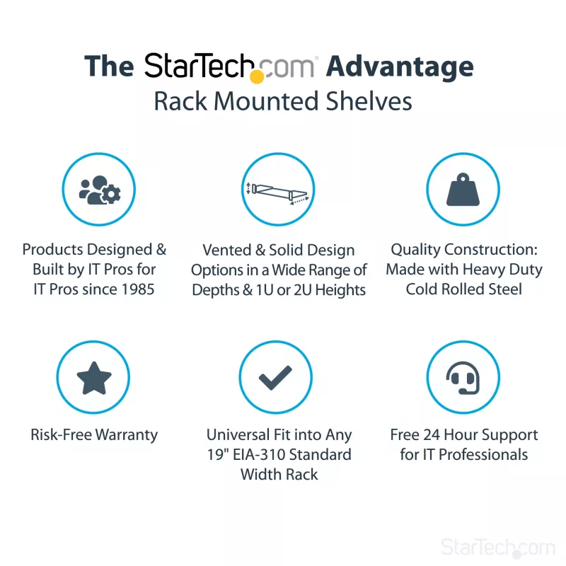 StarTech.com 2HE serverový rackový policový podnos – univerzálny montážny konzolový podnos pre 19-palcový sieťový rack a skriňu – vysokopevnostná oceľ – nosnosť 20 kg – 400 mm hlboký podnos, čierna