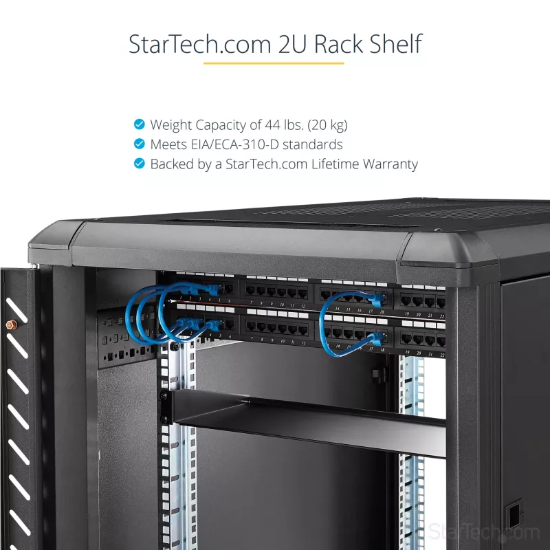StarTech.com 2HE serverový rackový policový podnos – univerzálny montážny konzolový podnos pre 19-palcový sieťový rack a skriňu – vysokopevnostná oceľ – nosnosť 20 kg – 400 mm hlboký podnos, čierna