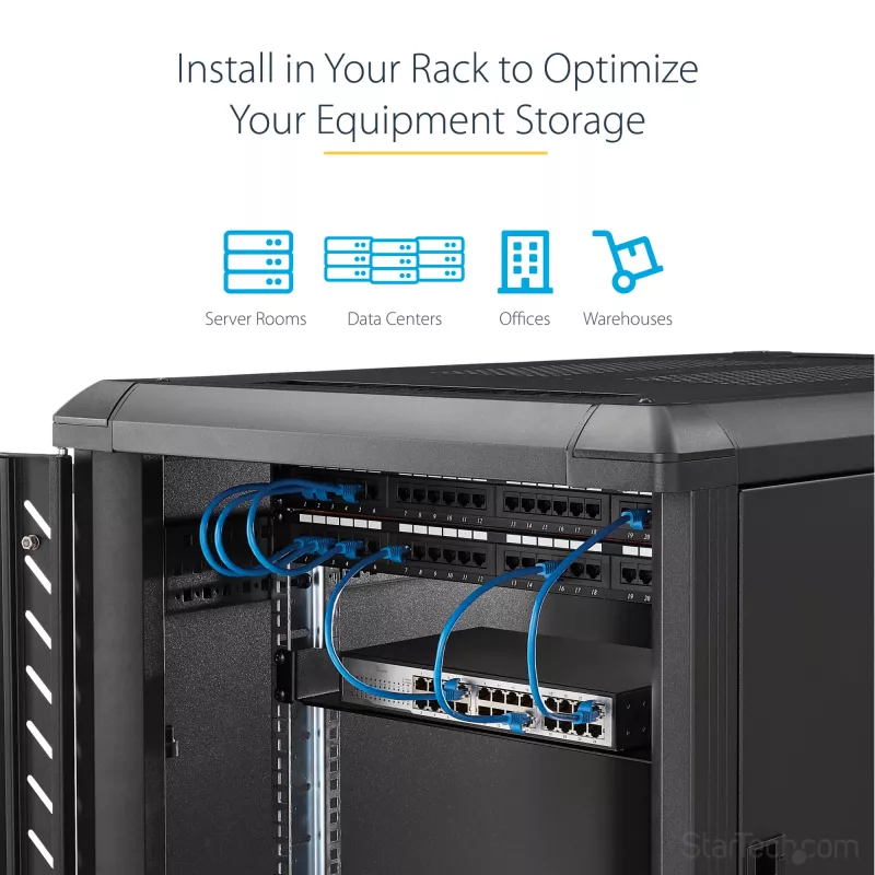 StarTech.com 2HE serverový rackový policový podnos – univerzálny montážny konzolový podnos pre 19-palcový sieťový rack a skriňu – vysokopevnostná oceľ – nosnosť 20 kg – 400 mm hlboký podnos, čierna