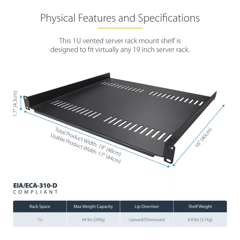 StarTech.com CABSHELF116V2PK balenie 2 ks ventilovaných políc do racku 1U, hĺbka 16 palcov
