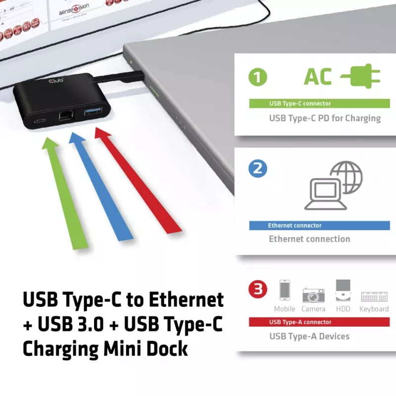 CLUB3D USB Type-C na Ethernet + USB 3.0 + USB Type-C nabíjací mini dock