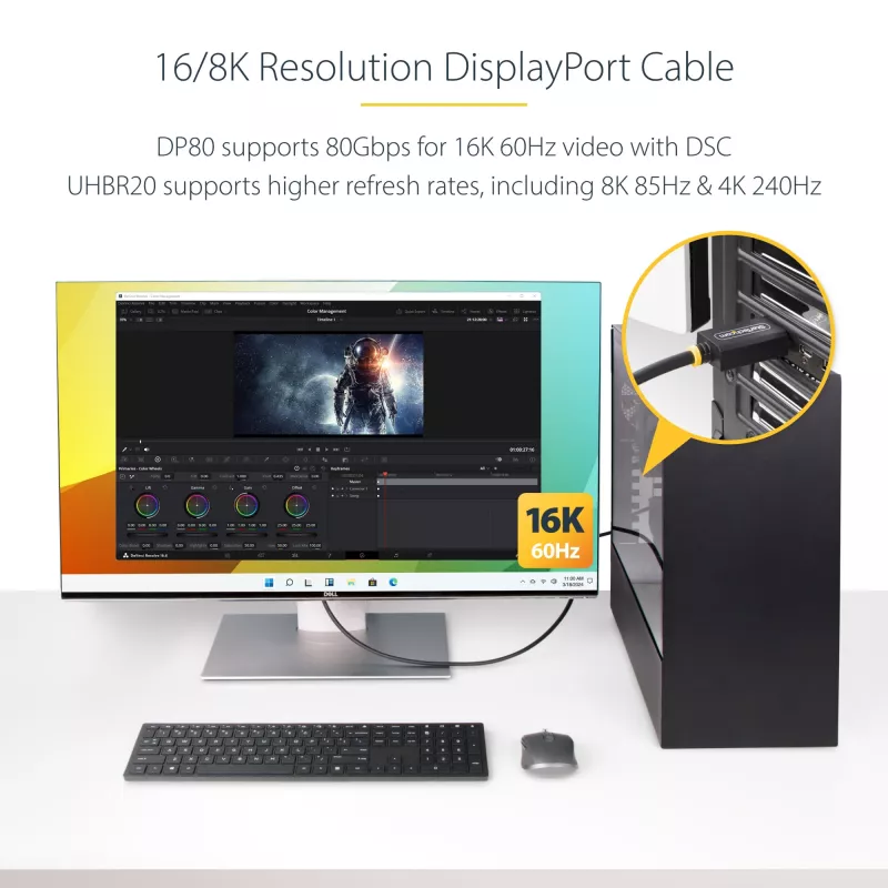 StarTech.com 1m DisplayPort 2.1 kábel, VESA certifikovaný DP80 DisplayPort kábel s UHBR20/HDR/DSC 1.2a/HDCP 2.2, 16K/8K 60Hz, 4K 240Hz, 80 Gbit/s, DP 2.1 kábel, UHD monitorový kábel, M/M