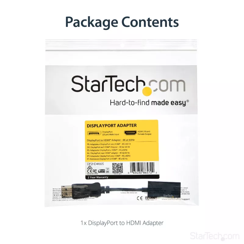 StarTech.com DP2HD4K60S adaptér z DisplayPort na HDMI, 4K 60Hz, 0,215 m, samec/samica