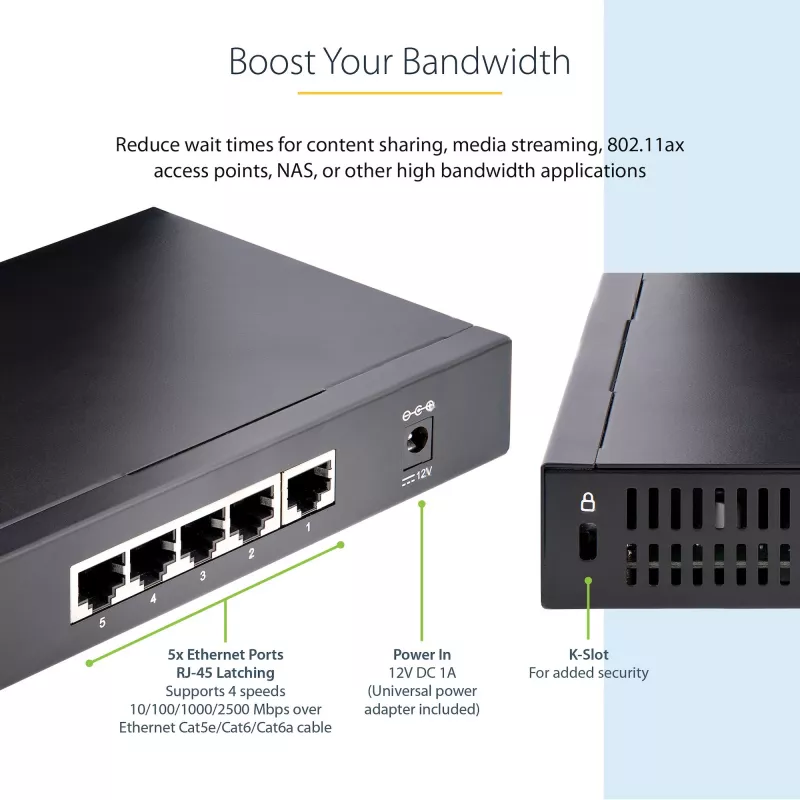 StarTech.com neupravovaný 2.5G switch – 5-portový gigabitový switch – 2.5GBASE-T neupravovaný ethernetový switch – ethernetový rozbočovač – montáž na DIN lištu alebo stenu – multi-gigabit – Auto-MDIX – 9K Jumbo