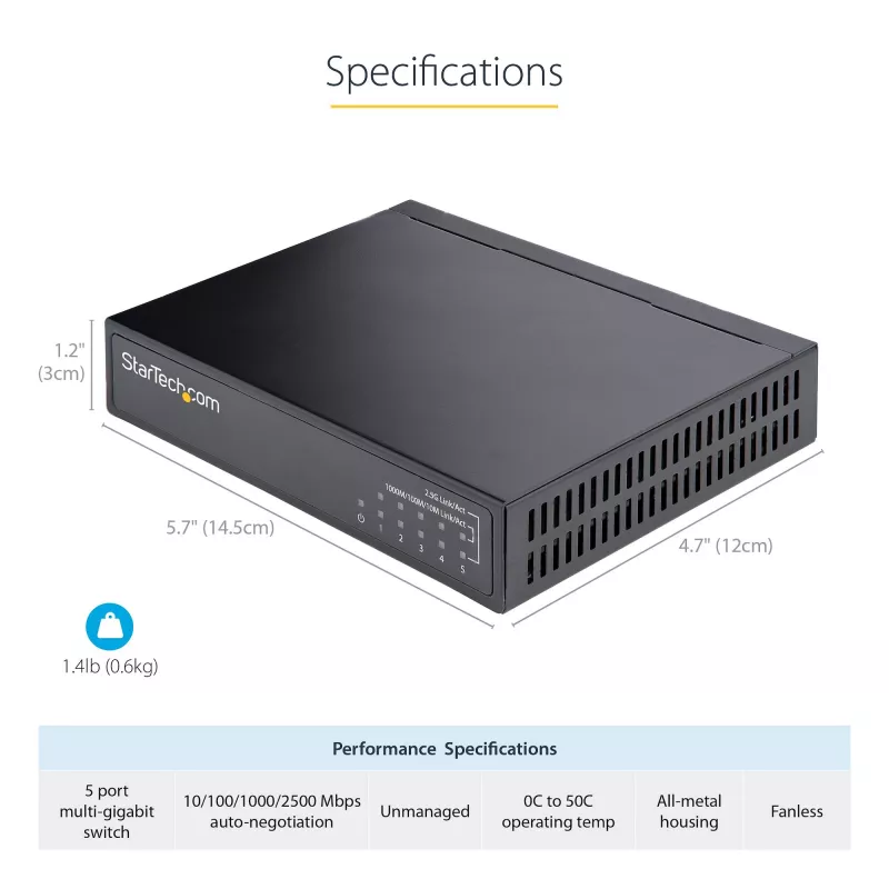 StarTech.com neupravovaný 2.5G switch – 5-portový gigabitový switch – 2.5GBASE-T neupravovaný ethernetový switch – ethernetový rozbočovač – montáž na DIN lištu alebo stenu – multi-gigabit – Auto-MDIX – 9K Jumbo