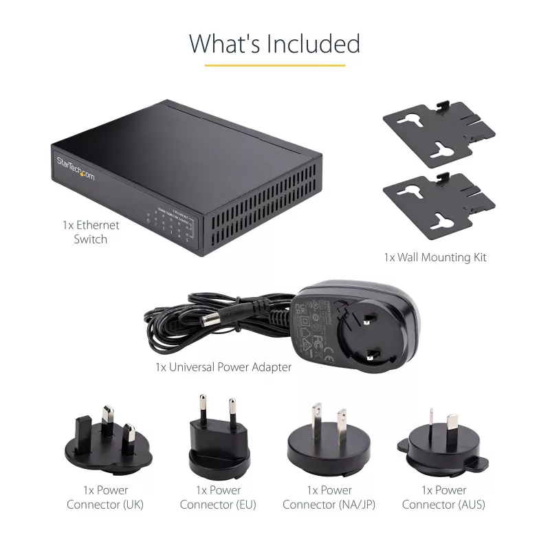StarTech.com neupravovaný 2.5G switch – 5-portový gigabitový switch – 2.5GBASE-T neupravovaný ethernetový switch – ethernetový rozbočovač – montáž na DIN lištu alebo stenu – multi-gigabit – Auto-MDIX – 9K Jumbo