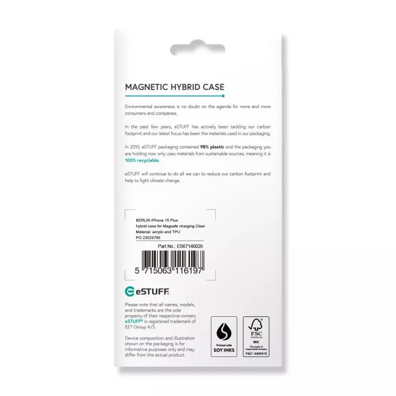 eSTUFF Berlin ES67140026 magnetické puzdro pre iPhone 15 Plus, kompatibilné s MagSafe, polykarbonát, TPU, priehľadné