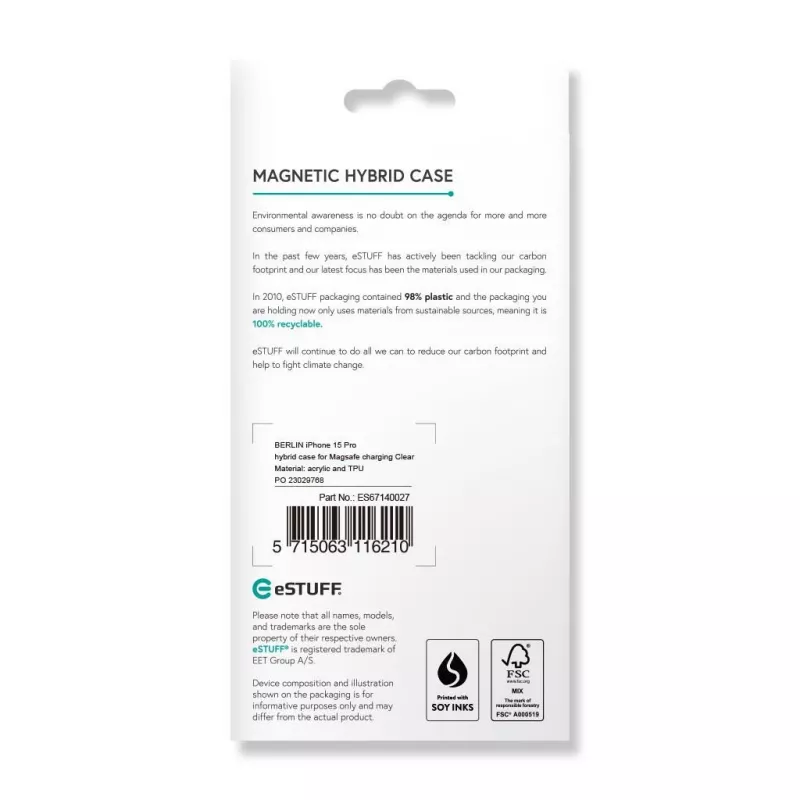eSTUFF Berlin ES67140027 magnetické puzdro pre iPhone 15 Pro, kompatibilné s MagSafe, polykarbonát, TPU, priehľadné