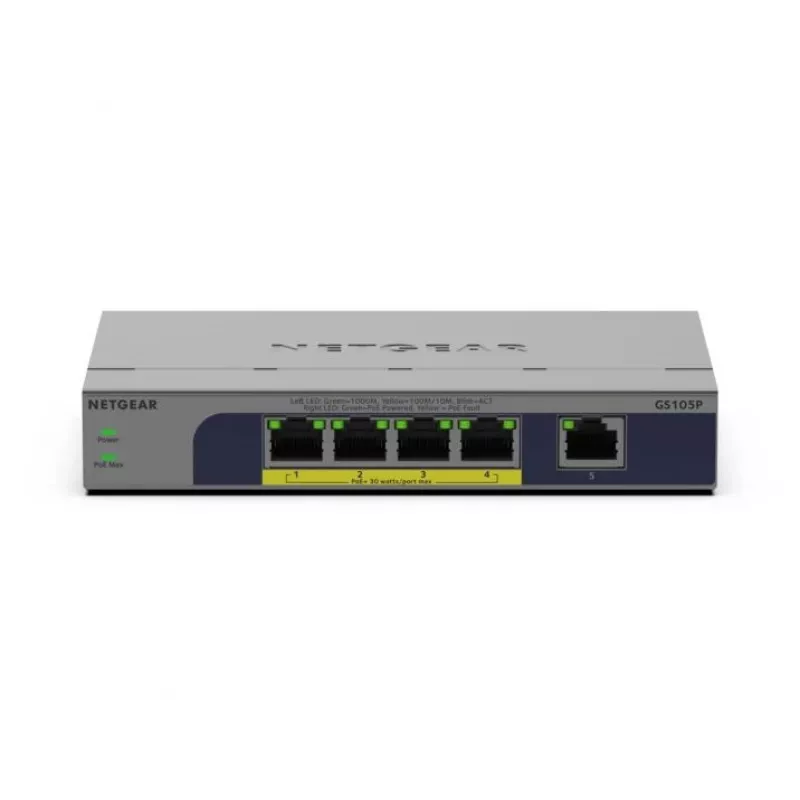 Neřízený 5-portový PoE switch Netgear GS105P 1Gb Ethernet s Power over Ethernet (GS105P-300EUS)