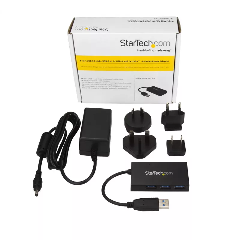 StarTech.com HB30A3A1CSFS 4-portový stolový USB 3.0 rozbočovač, USB-A na 3x USB-A + 1x USB-C, so sieťovým adaptérom