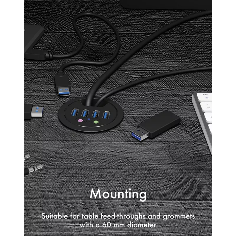 Stolový USB 3.0 hub ICY BOX IB-HUB1403A, 4 porty, so vstupom/výstupom audio, čierny