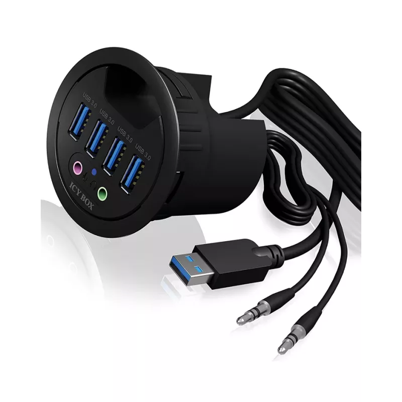 Stolový USB 3.0 hub ICY BOX IB-HUB1403A, 4 porty, so vstupom/výstupom audio, čierny