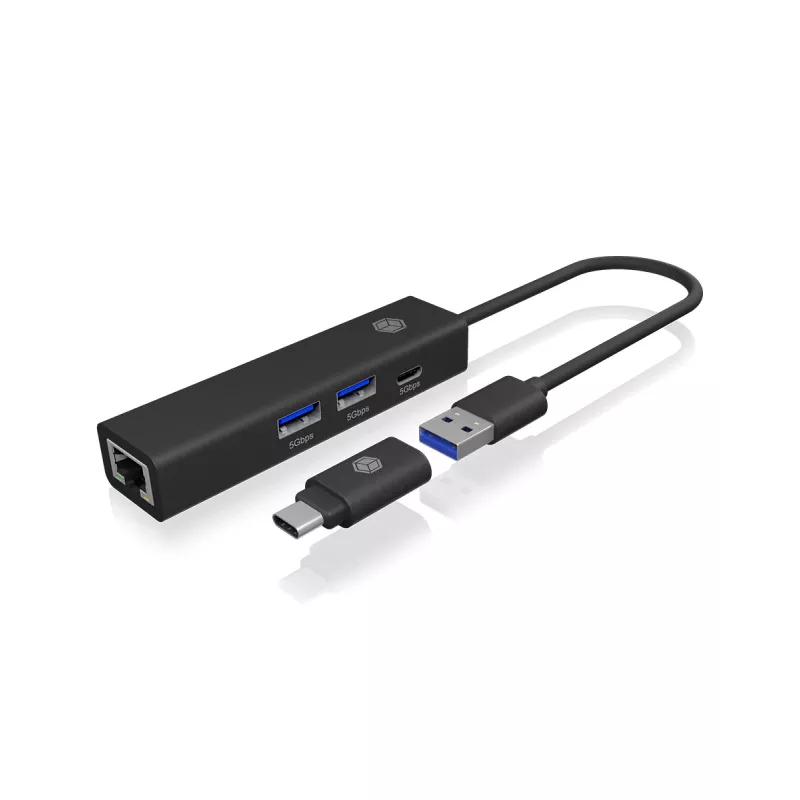 ICY BOX IB-HUB1439-LAN káblový USB 3.2 Gen 1 (3.1 Gen 1) Type-A čierny