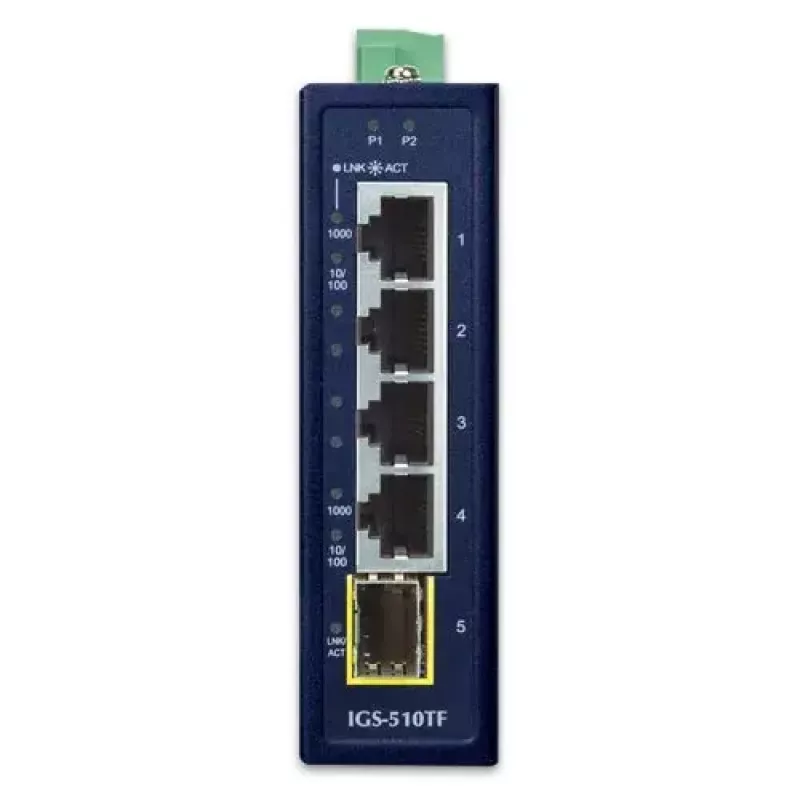 Neupravovaný Gigabit Ethernet switch PLANET IGS-510TF — 4 x 10/100/1000 Mbps, 10 Gbit/s prepínanie, 9–48V DC, montáž na stenu