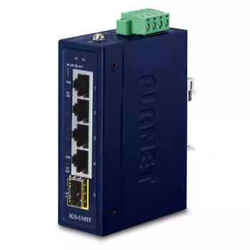 Neupravovaný Gigabit Ethernet switch PLANET IGS-510TF — 4 x 10/100/1000 Mbps, 10 Gbit/s prepínanie, 9–48V DC, montáž na stenu
