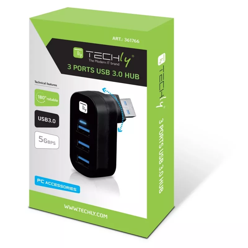Techly IUSB3-HUB3-ROTB rozbočovač rozhraní USB 3.2 Gen 1 (3.1 Gen 1) Type-A 5000 Mbit/s čierny