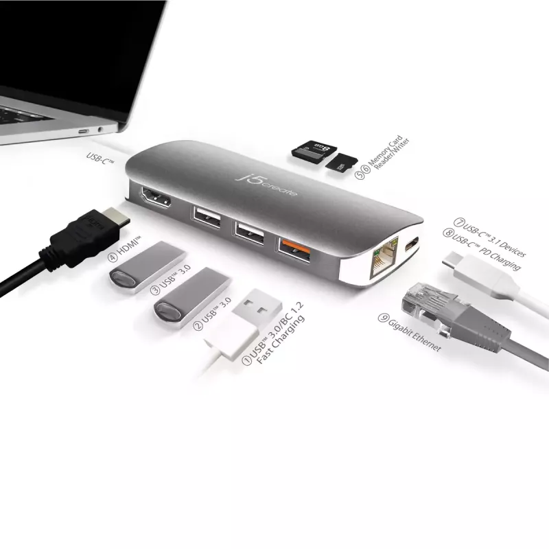 j5create JCD383 USB-C™ 9-in-1 multi adaptér, strieborný a biely