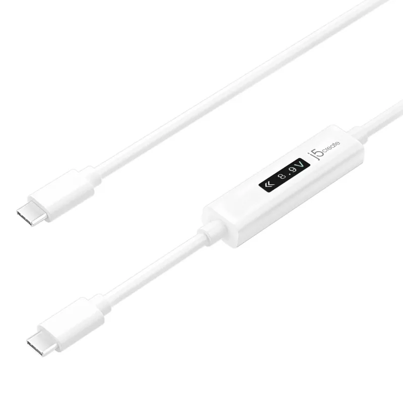 j5create JUCP14 USB-C™ 2.0 na USB-C™ kábel s dynamickým OLED meračom výkonu, biela, 1,2 m