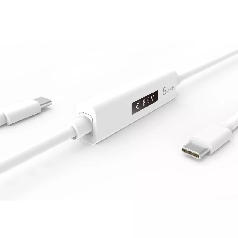 j5create JUCP14 USB-C™ 2.0 na USB-C™ kábel s dynamickým OLED meračom výkonu, biela, 1,2 m
