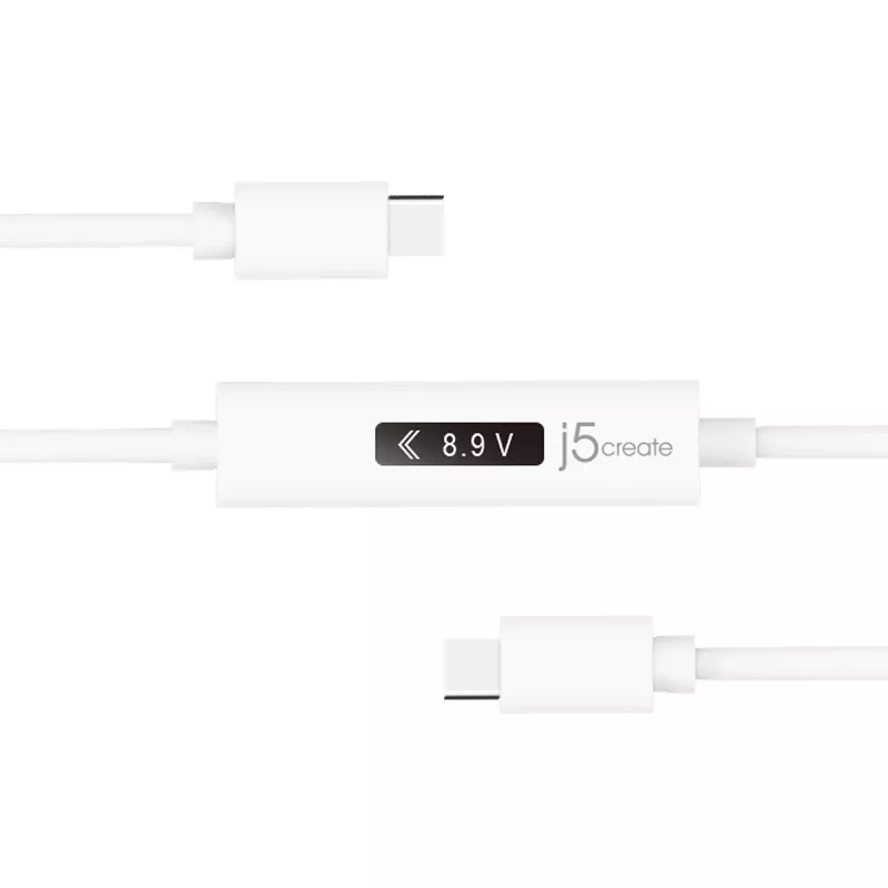 j5create JUCP14 USB-C™ 2.0 na USB-C™ kábel s dynamickým OLED meračom výkonu, biela, 1,2 m