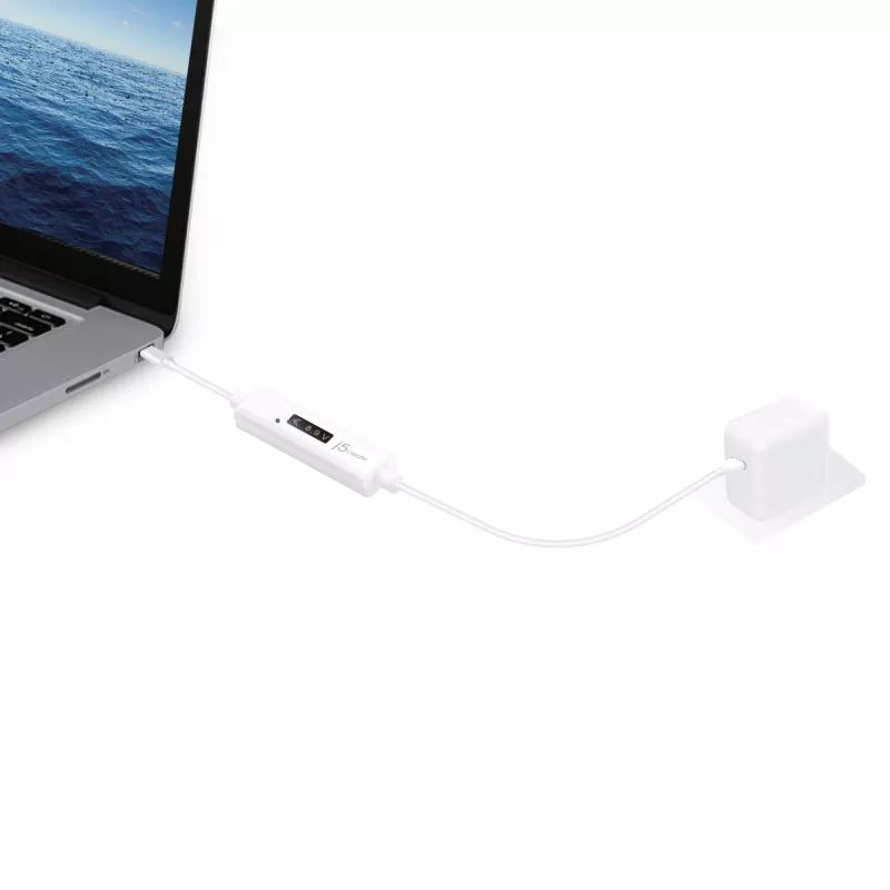 j5create JUCP14 USB-C™ 2.0 na USB-C™ kábel s dynamickým OLED meračom výkonu, biela, 1,2 m