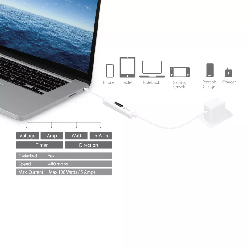 j5create JUCP14 USB-C™ 2.0 na USB-C™ kábel s dynamickým OLED meračom výkonu, biela, 1,2 m
