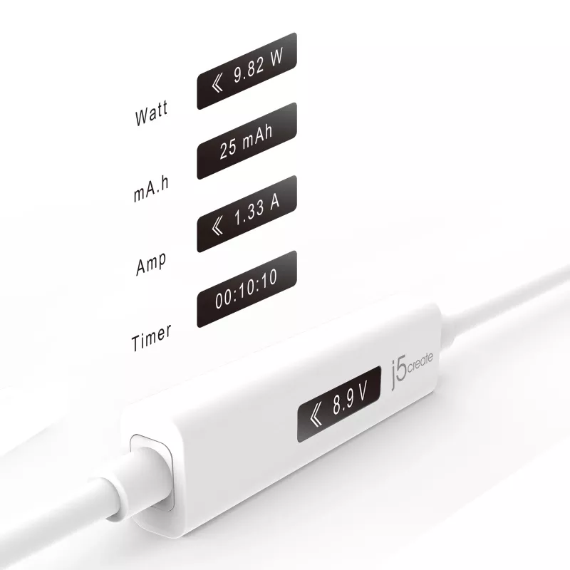j5create JUCP14 USB-C™ 2.0 na USB-C™ kábel s dynamickým OLED meračom výkonu, biela, 1,2 m