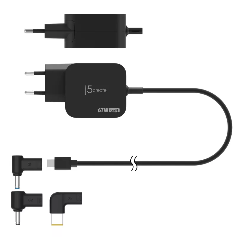 j5create JUP1565DCE3A-EN 67W GaN PD USB-C® mini nabíjačka s 3 typmi DC konektorov - EU
