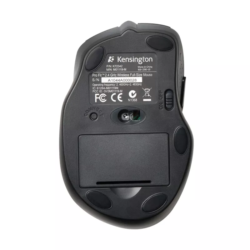 Kensington Pro Fit bezdrôtová plnorozmerová myš, obojručná, optická, RF Wireless, 1600 DPI, čierna