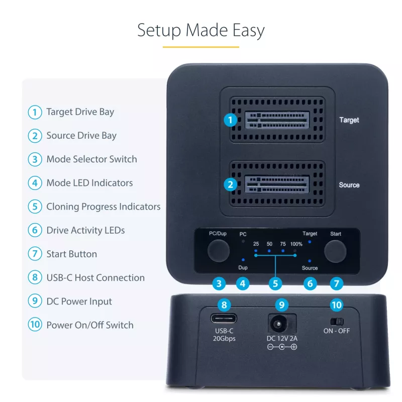 StarTech.com M2-HDD-DUPLICATOR-N1 samostatný duplikátor 1:1 a dok pre disky M.2 NVMe (PCIe), až 90 GB/min, USB-C 20 Gbps, dvojslotový, v súlade s TAA
