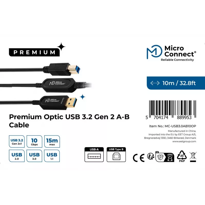 Microconnect MC-USB3.0AB10OP USB kábel USB 3.2 Gen 2 (3.1 Gen 2) 10 m USB A USB B čierny