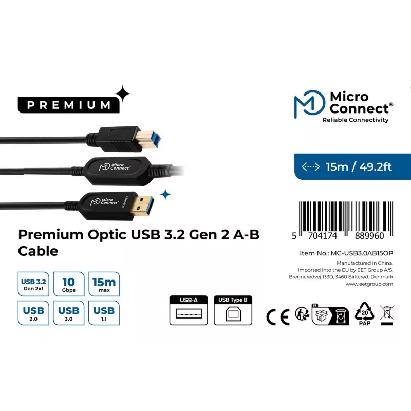 Microconnect MC-USB3.0AB15OP USB kábel USB 3.2 Gen 2 (3.1 Gen 2) 15 m USB A USB B čierny