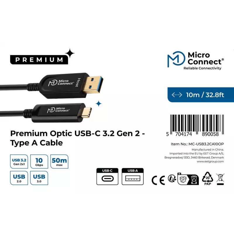 Microconnect MC-USB3.2CA10OP USB kábel USB 3.2 Gen 2 (3.1 Gen 2) 10 m USB-A USB-C čierny