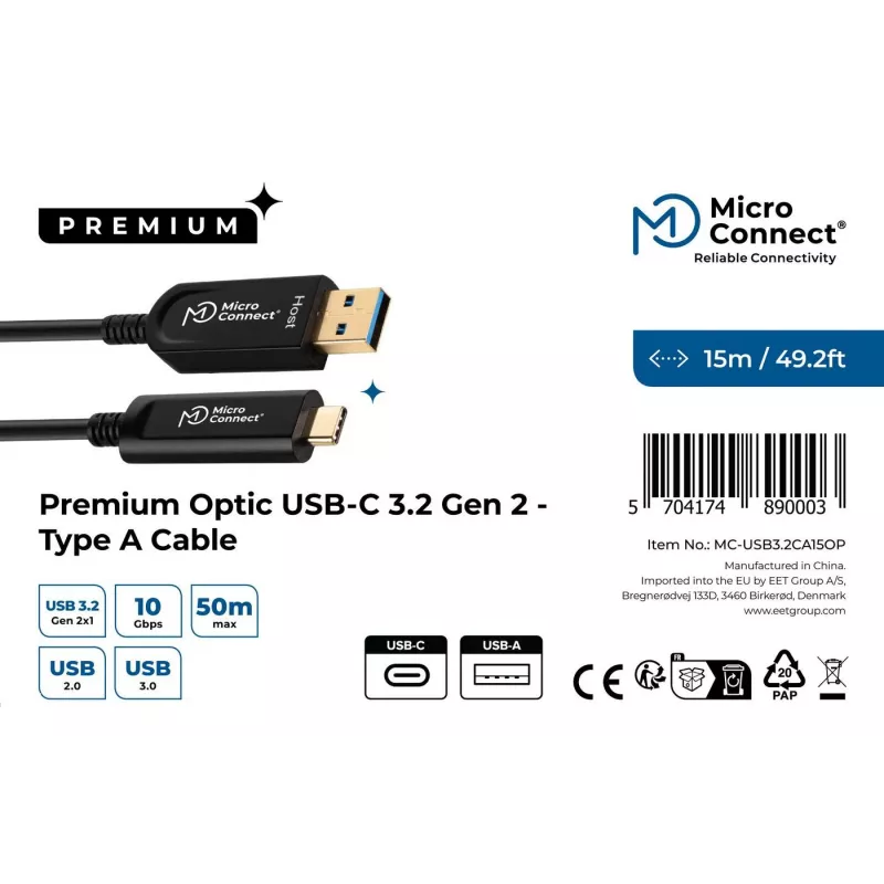 Microconnect MC-USB3.2CA15OP USB kábel USB 3.2 Gen 2 (3.1 Gen 2) 15 m USB A USB C čierny