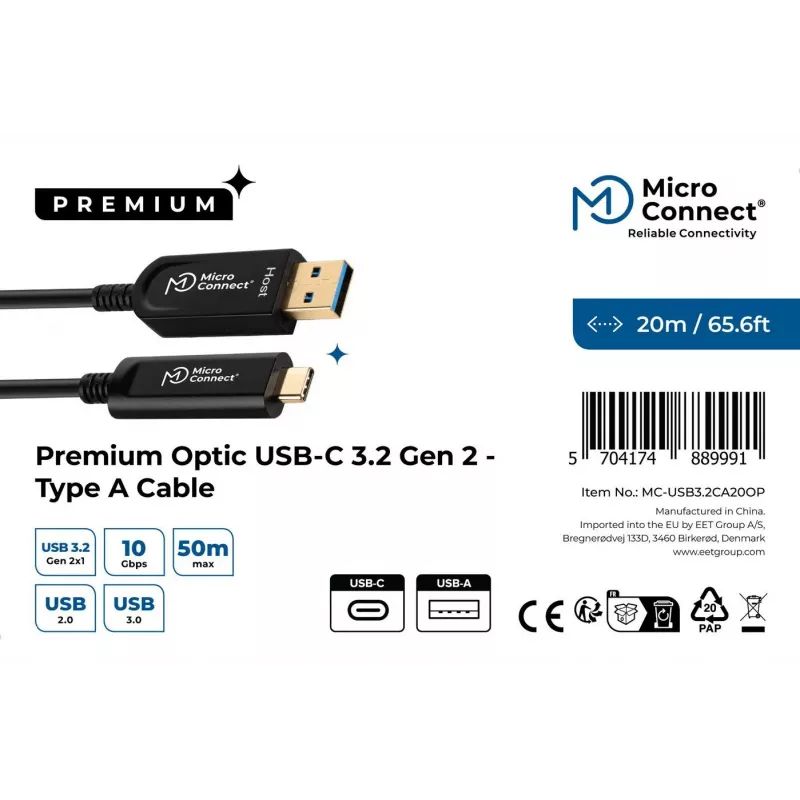 Microconnect MC-USB3.2CA20OP USB kábel USB 3.2 Gen 2 (3.1 Gen 2) 20 m USB A USB C čierny