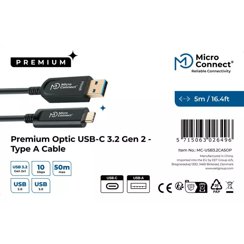 Microconnect MC-USB3.2CA5OP USB kábel USB 3.2 Gen 2 (3.1 Gen 2) 5 m USB A USB C čierny