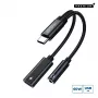 Microconnect MC-USBC-AUDIOCF adaptér USB-C na USB-C PD a audio 3,5 mm, 13 cm, strieborný