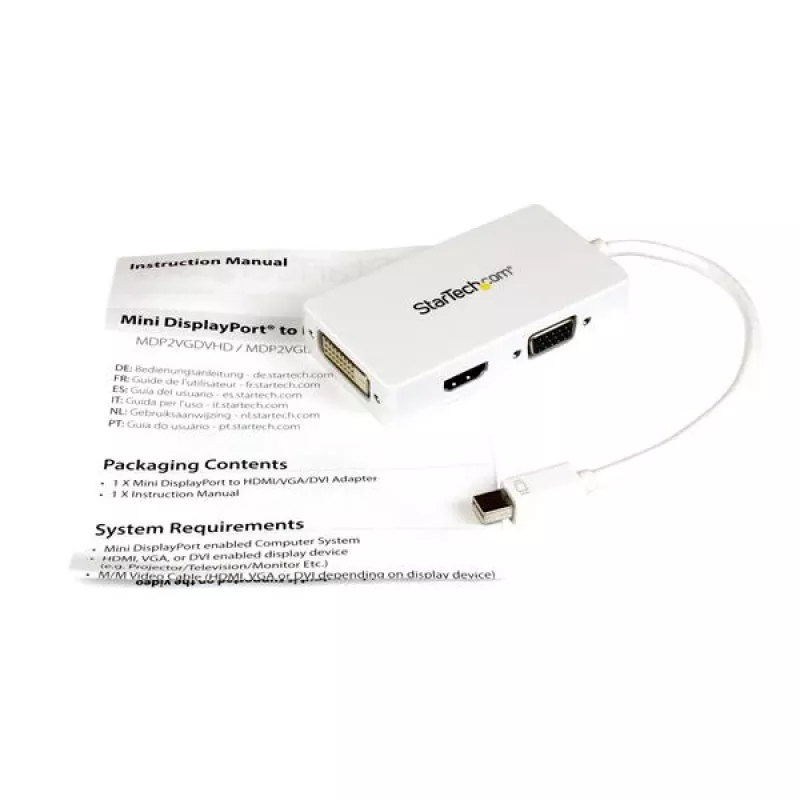 StarTech.com cestovný A/V adaptér: 3-in-1 Mini DisplayPort na VGA DVI alebo HDMI konvertor - biely