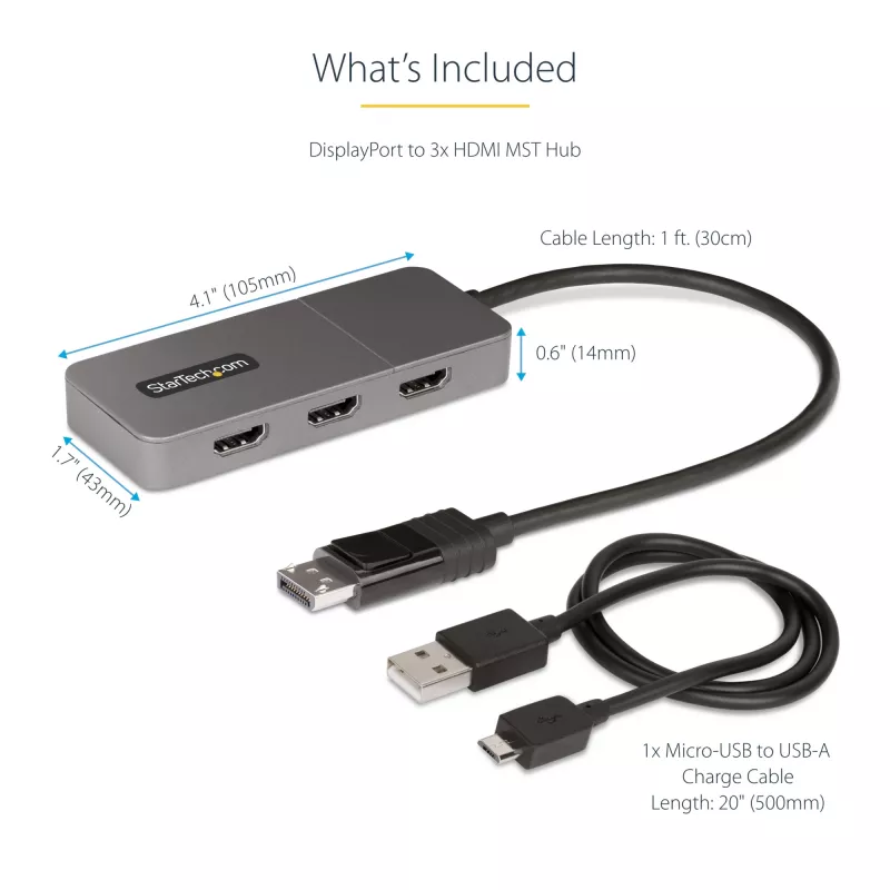 StarTech.com 3-port MST hub - DisplayPort na 3x HDMI, trojitý 4K 60Hz monitory, DP 1.4 multi-monitor video adaptér, 30cm integrovaný kábel, USB napájaný, len Windows