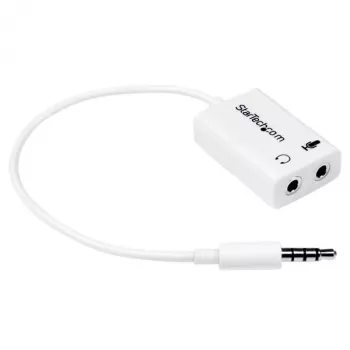 StarTech.com biely headset adaptér pre headsety s oddelenými konektormi slúchadiel/mikrofónu – 3,5 mm 4-pol na 2x 3-pol 3,5 mm M/F