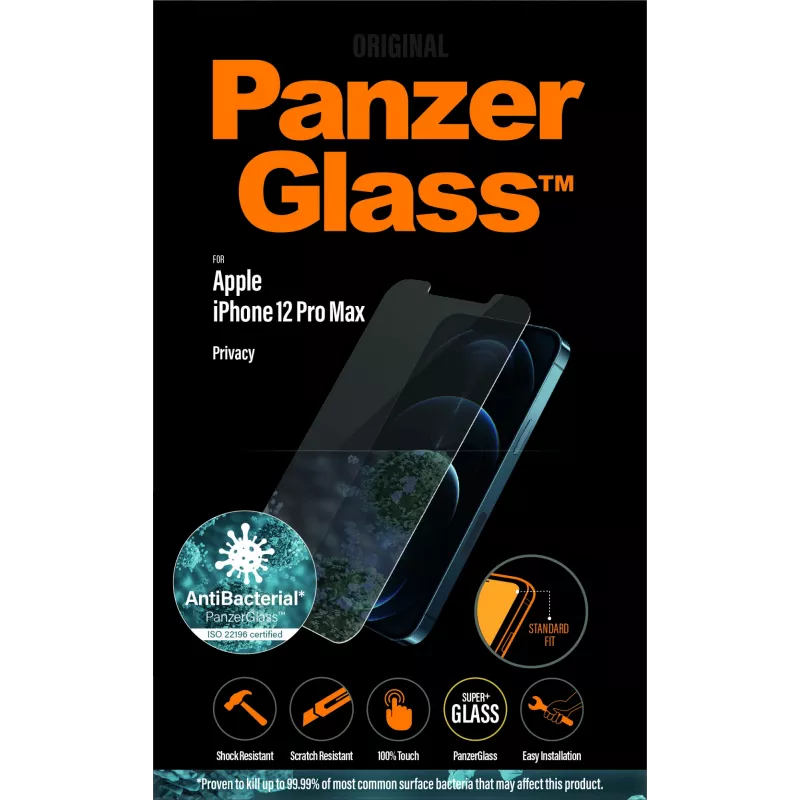 PanzerGlass Original P2709 ochrana displeja s ochranou súkromia pre Apple iPhone 12 Pro Max, štandardné prispôsobenie