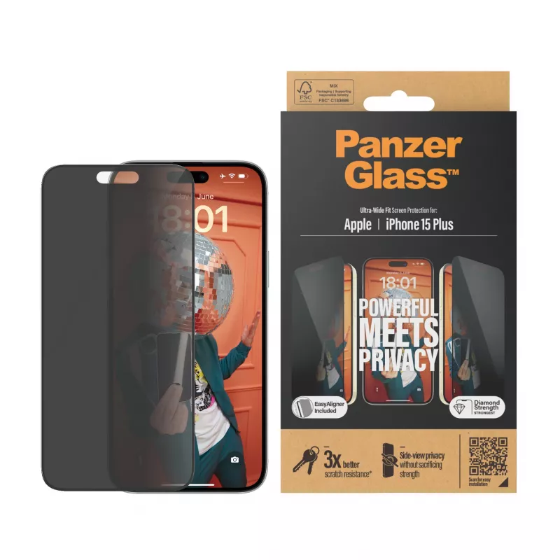 PanzerGlass ® ochranný kryt displeja Privacy iPhone 15 Plus | Ultra-Wide Fit s EasyAligner