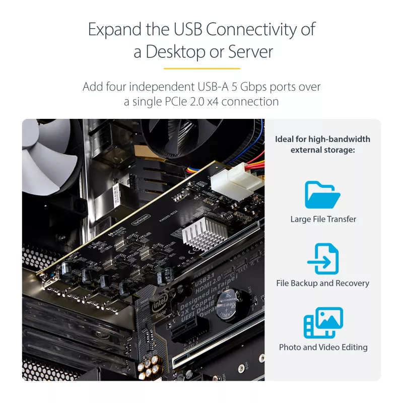 StarTech.com 4-portová USB PCIe karta, USB 3.2 5 Gbit/s, PCI Express rozširujúca karta so 4 nezávislými USB radičmi, 4 USB-A porty, Windows/macOS/Linux