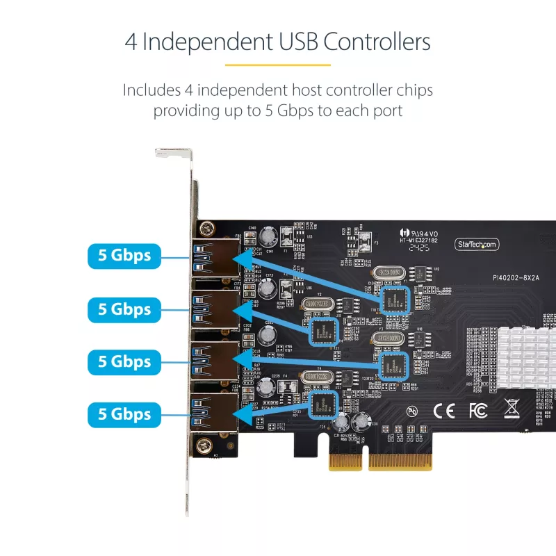 StarTech.com 4-portová USB PCIe karta, USB 3.2 5 Gbit/s, PCI Express rozširujúca karta so 4 nezávislými USB radičmi, 4 USB-A porty, Windows/macOS/Linux