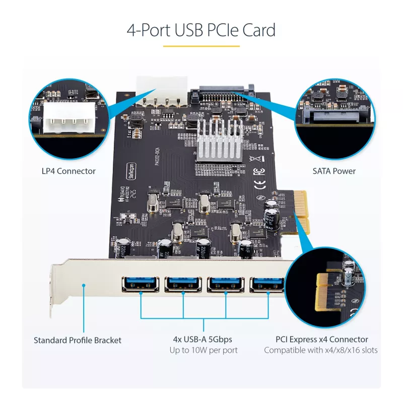 StarTech.com 4-portová USB PCIe karta, USB 3.2 5 Gbit/s, PCI Express rozširujúca karta so 4 nezávislými USB radičmi, 4 USB-A porty, Windows/macOS/Linux
