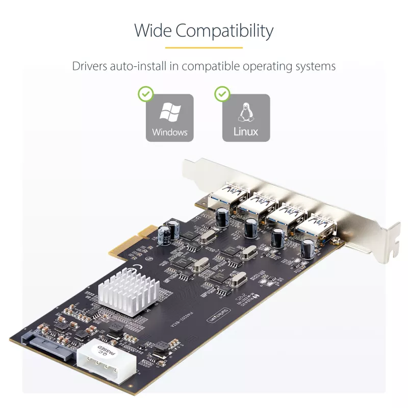 StarTech.com 4-portová USB PCIe karta, USB 3.2 5 Gbit/s, PCI Express rozširujúca karta so 4 nezávislými USB radičmi, 4 USB-A porty, Windows/macOS/Linux
